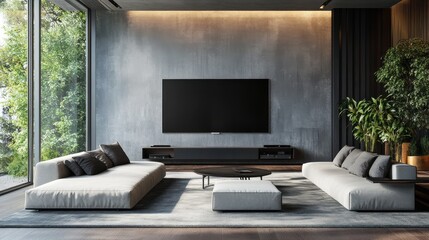 Elegant modern living room interior with large TV screen and comfortable sofa, home entertainment concept, 3D rendering