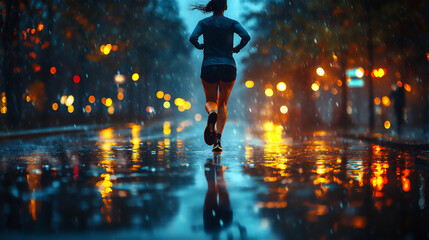 A Runner Conquering a Rainy Night Route, Woman running in the rain