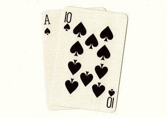 A blackjack or pontoon hand of playing cards in sepia on a white background.