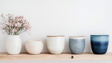 Minimalist ceramic vases on wooden shelf with soft decor