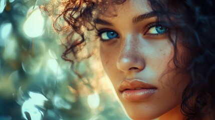 Obraz premium A woman, her skin the color of a summer sky, her hair a cascade of soft curls, her eyes reflecting the gentle wisdom of ages, exuded a captivating aura of beauty.