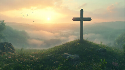 A wooden cross standing on a green hill at sunrise, with golden light shining through the clouds.