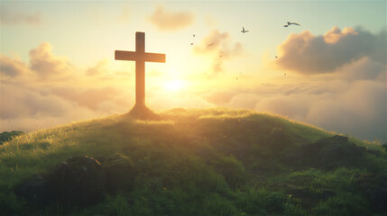 A wooden cross standing on a green hill at sunrise, with golden light shining through the clouds.