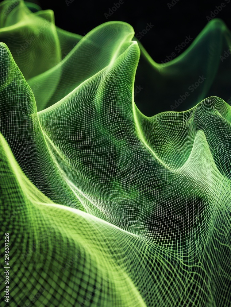 Aufkleber abstract green grid waves on dark background. technology concept. 3d rendering