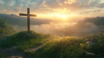 A wooden cross standing on a green hill at sunrise, with golden light shining through the clouds.