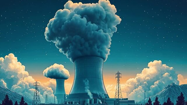 Power Plant in the Night: An impressive power plant, its cooling towers releasing steam into the night sky, with additional structures and hills.