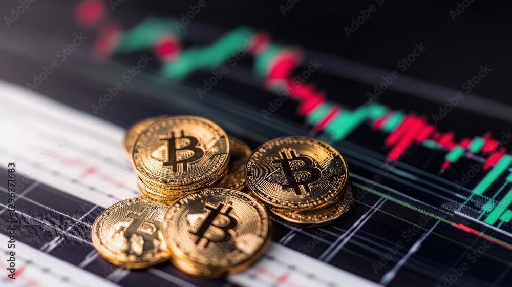 Poster bitcoin cryptocurrency symbol represented with coins and digital graphics on a dark background