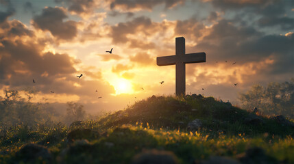A wooden cross standing on a green hill at sunrise, with golden light shining through the clouds.