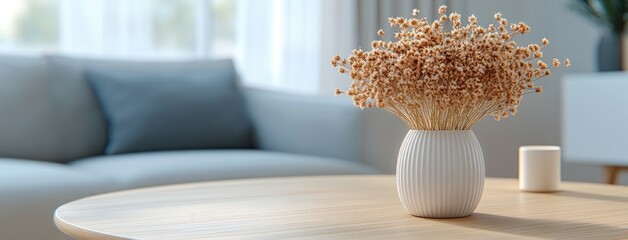 Soft lighting enhances a minimalistic table decor with cotton flowers in a vase, set against a calming beige backdrop