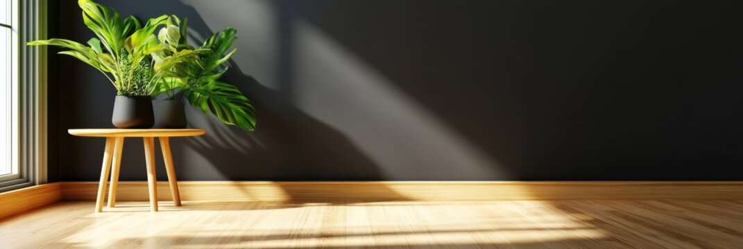 Minimalist Home Decor: Plant on Wooden Table - A lush green plant in a dark pot sits on a light wooden side table against a dark gray wall. Sunlight streams in, illuminating the scene