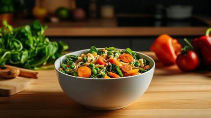 Homemade Soup in Rustic Kitchen, close-up of farm-fresh ingredients, warm countryside ambiance, inviting and wholesome setting