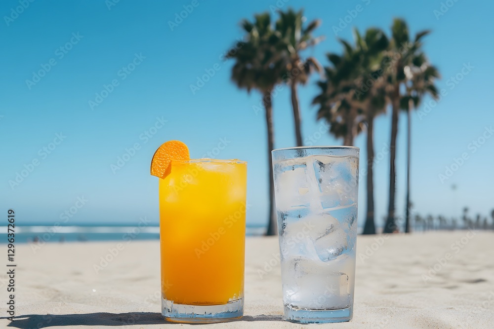 Wall mural two drinks on the beach, one with orange juice and ice cubes in it and another with beer. the backgr
