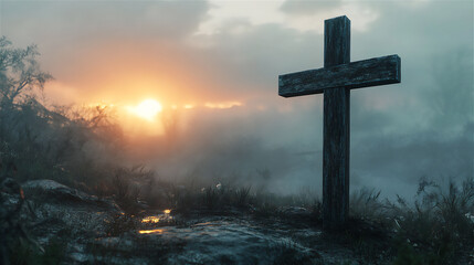 A wooden cross standing on a green hill at sunrise, with golden light shining through the clouds.