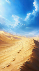 Fototapeta premium Desert landscape with sand dunes and footprints under a blue sky