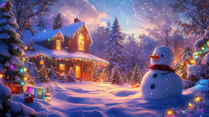 Obraz premium Cozy Christmas Cottage with Snowman