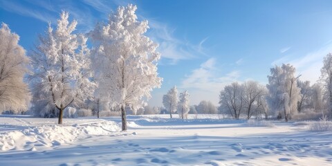 Obraz premium Winter Christmas snowy landscape with snowdrifts and soft fluffy trees against the blue sky day time.