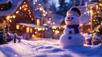 Obraz premium Festive snowman in a winter village scene with twinkling lights and a cozy house.