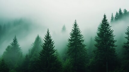 Fototapeta premium Misty Mountain Forest - Serene landscape of a misty forest with tall evergreen trees. Perfect for nature, travel, and environmental themes