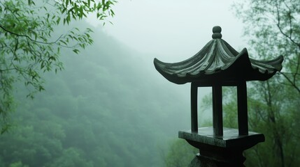Misty Mountain Pavilion - Serene contemplation, misty mountains, ancient architecture, peaceful landscape, spiritual journey