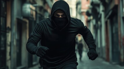 Thief guy, criminal flees scene of crime, rushes from pursuer. Hooded man dashes through city street alley. Theft, escape. Offender run away from police justice.