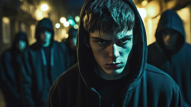 Gang of dangerous teenage boys bandits stands in dark alley. Group of hooded men. Crime and stealth. Evil guys in hoods. Thief, criminal teens. Theft, offender. Bad company, bunch of hooligans.