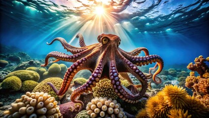 Fototapeta premium Ocean Depths A Majestic Octopus Among Vibrant Coral Reefs Basking in Sunlit Waters