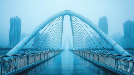 Obraz premium Foggy city bridge walkway at dawn