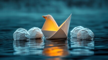 Illuminated origami swan floats amidst crumpled paper on serene water.