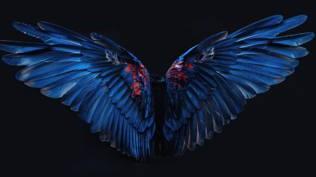 A winged creature with blue feathers and red tips