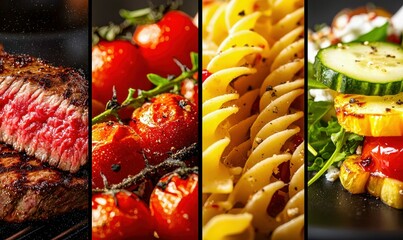Assorted Gourmet Dishes with Steak, Tomatoes, Pasta, and Salad