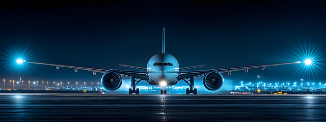A commercial airplane on the runway at night
