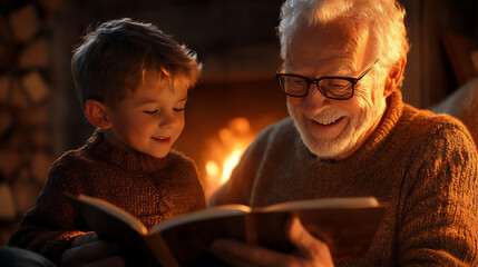Family Reading by the Fireplace – Grandfather and Grandson reading a book in a warm atmosphere