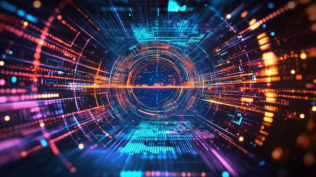 Abstract Digital Tunnel Futuristic Data Stream Technology Background Neon Lights Bright Colors