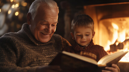 Family Reading by the Fireplace – Grandfather and Grandson reading a book in a warm atmosphere