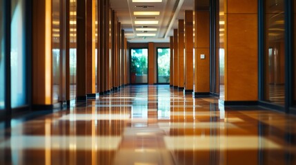 Modern Office Corridor Architecture - A spacious, bright office corridor with polished floors and wood paneling. Symbolizing professionalism, success, growth, innovation, and collaboration
