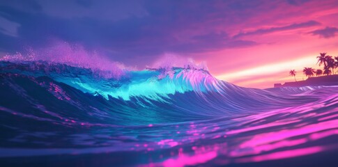 A massive wave with blue and teal colors, pink reflections