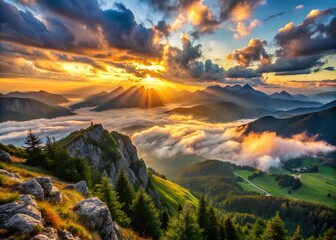 Breathtaking mountain landscape at sunset with clouds and valleys in scenic nature view