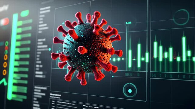 3D illustration of virus with red spikes on digital background, showcasing health data analysis and statistics related to disease spread and scientific research.