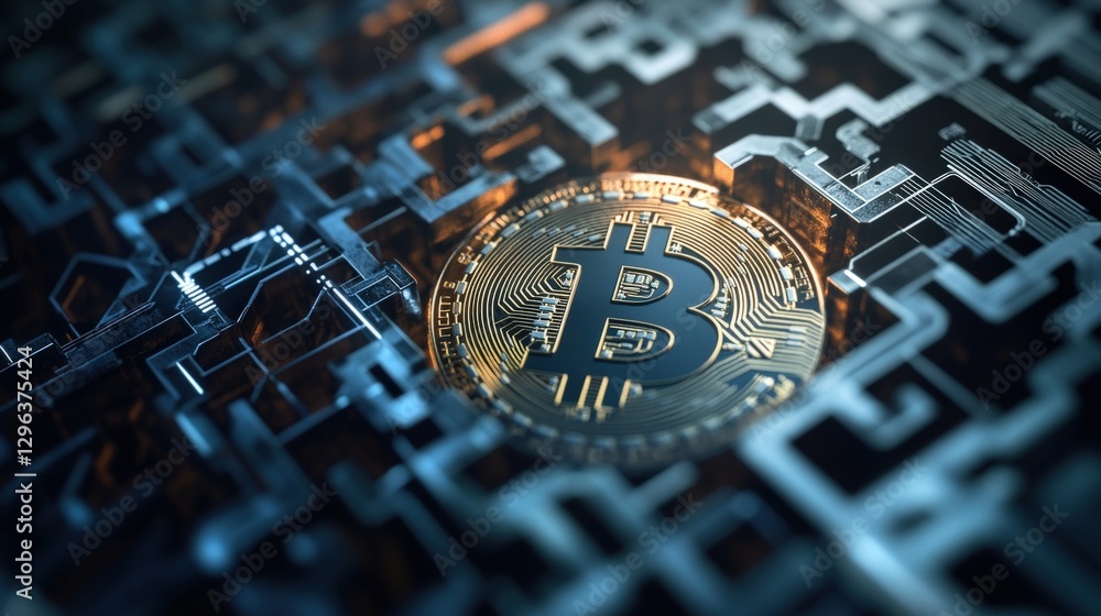 Poster digital representation of bitcoin cryptocurrency with graphics and symbols on a futuristic backgroun