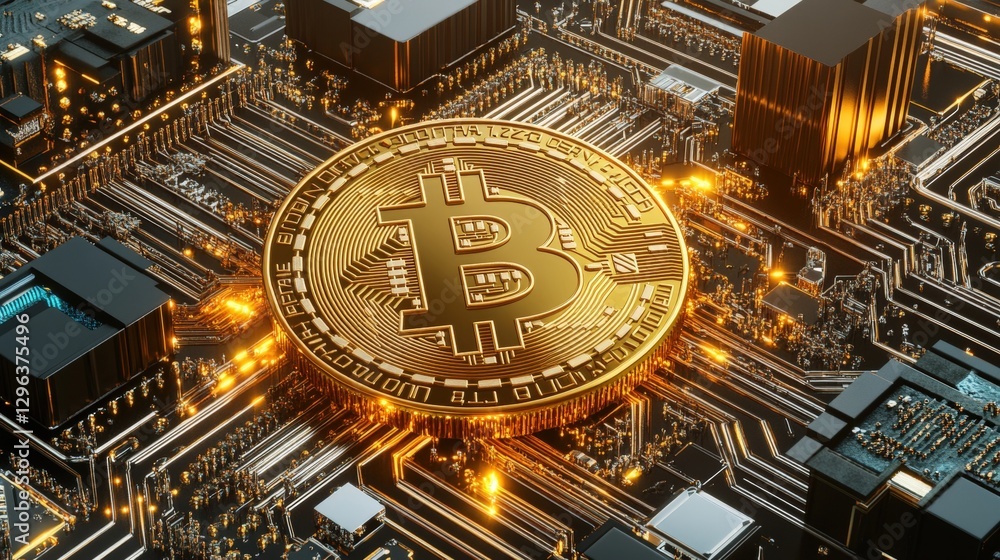 Poster bitcoin cryptocurrency symbols and coins on a colorful background representing digital finance and i