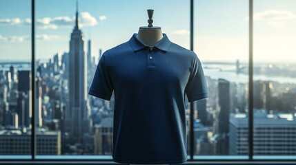 Fototapeta premium Dark Blue Polo Shirt Displayed Against City Skyline