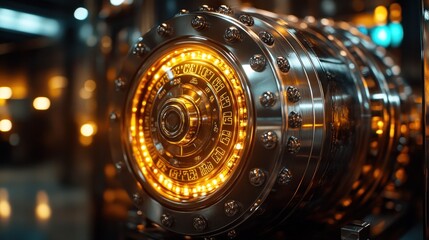 Fototapeta premium Illuminated vault door, intricate details.