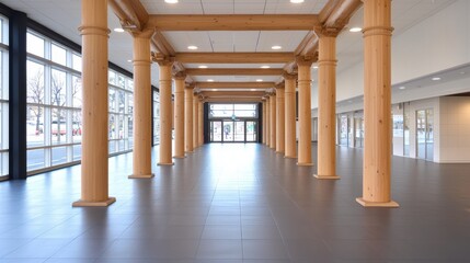 Fototapeta premium Modern Lobby with Wooden Columns & Glass Walls
