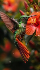 Obraz premium Hummingbird feeding from a vibrant flower, showcasing its iridescent plumage and long beak.