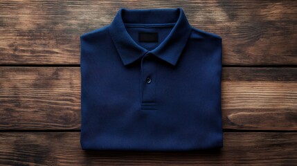 Folded Dark Blue Polo Shirt on Wooden Surface
