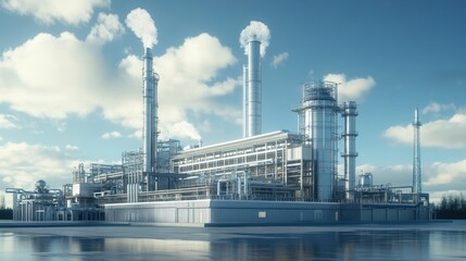 Obraz premium Industrial Complex with Steam and Cloudy Sky