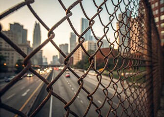Close up view of a metallic chain link fence with a blurred background showcasing urban scenery