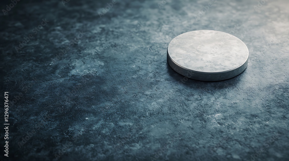 Poster a solitary, circular object sits on a textured surface, casting subtle shadows and creating a minima