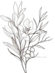 Obraz premium Botanical arts. Hand drawn continuous line drawing of abstract flower, floral, Bird of Paradise, herb, tulip, bouquet of olives. Vector illustration.