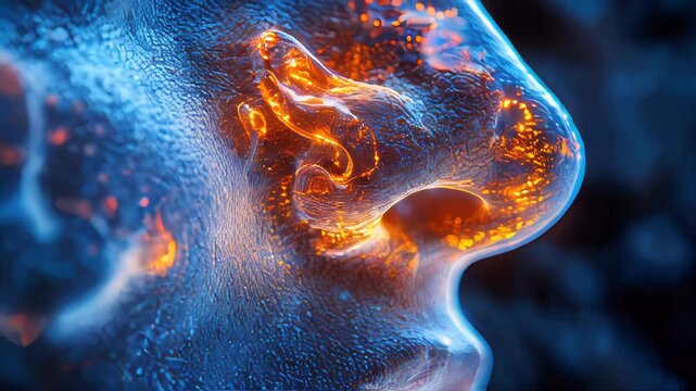 Abstract visualization of a human nose with glowing neural pathways, symbolizing sensory perception and advanced medical technology